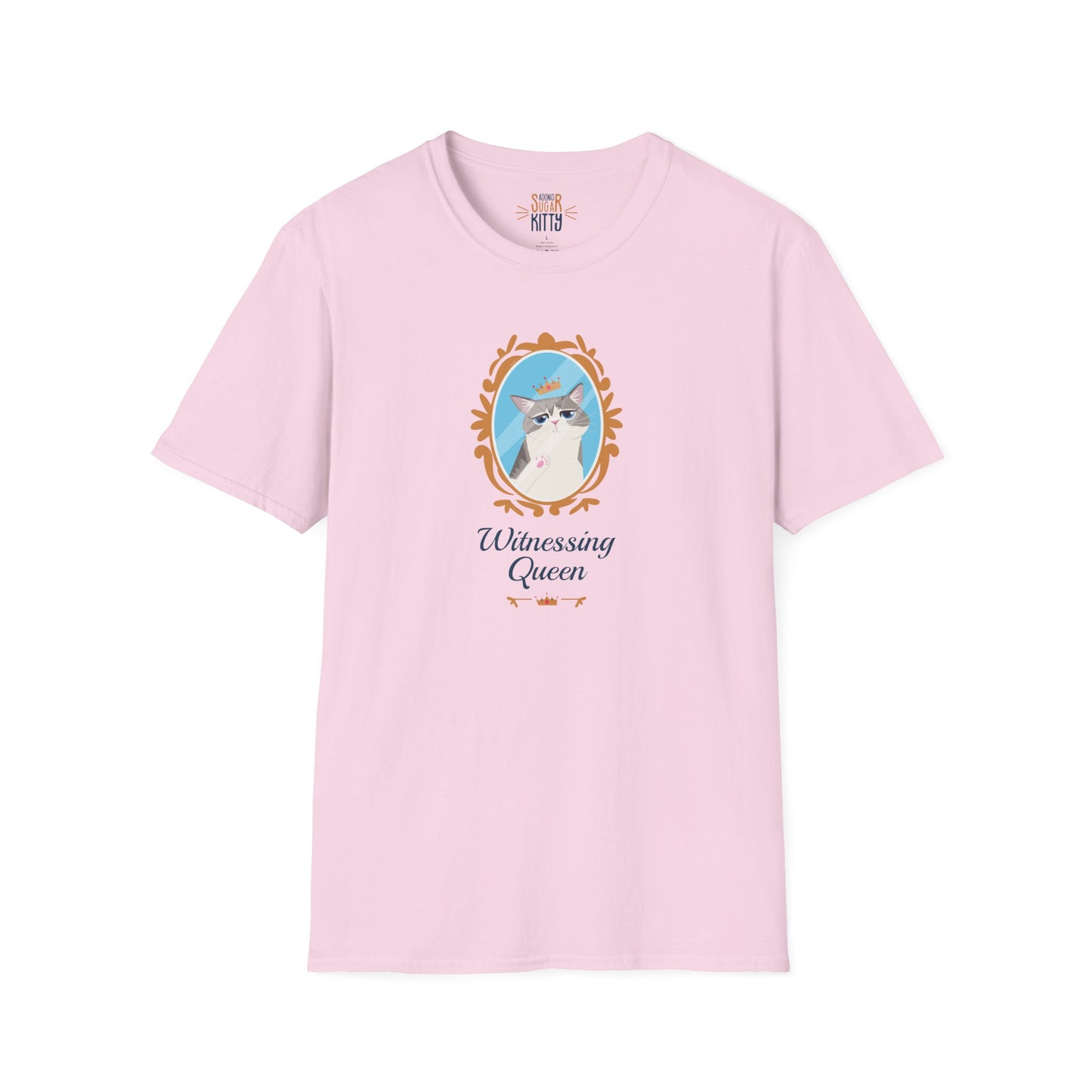 Witnessing Queen illustration on light pink unisex t-shirt - Adonis Sugar Kitty