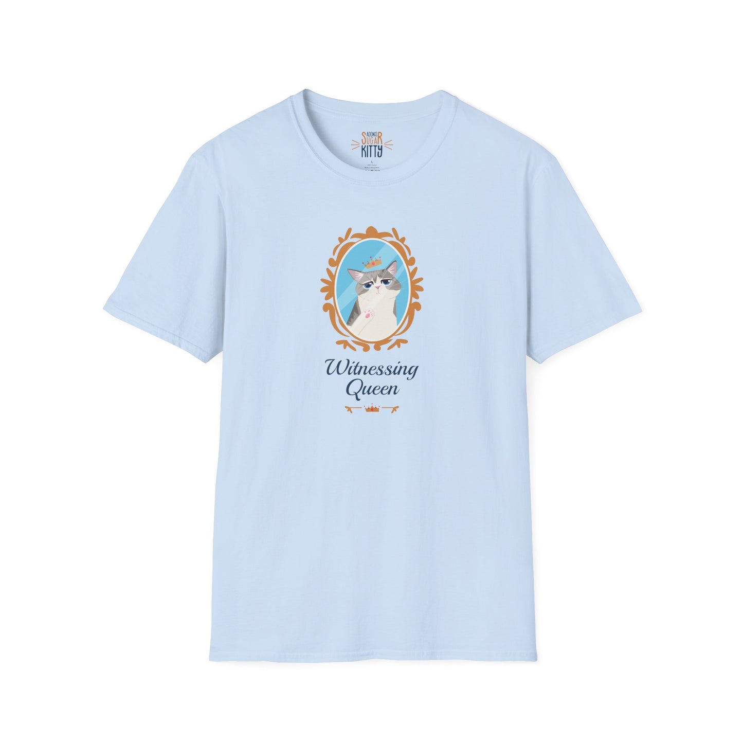 Witnessing Queen illustration on light blue unisex t-shirt - Adonis Sugar Kitty