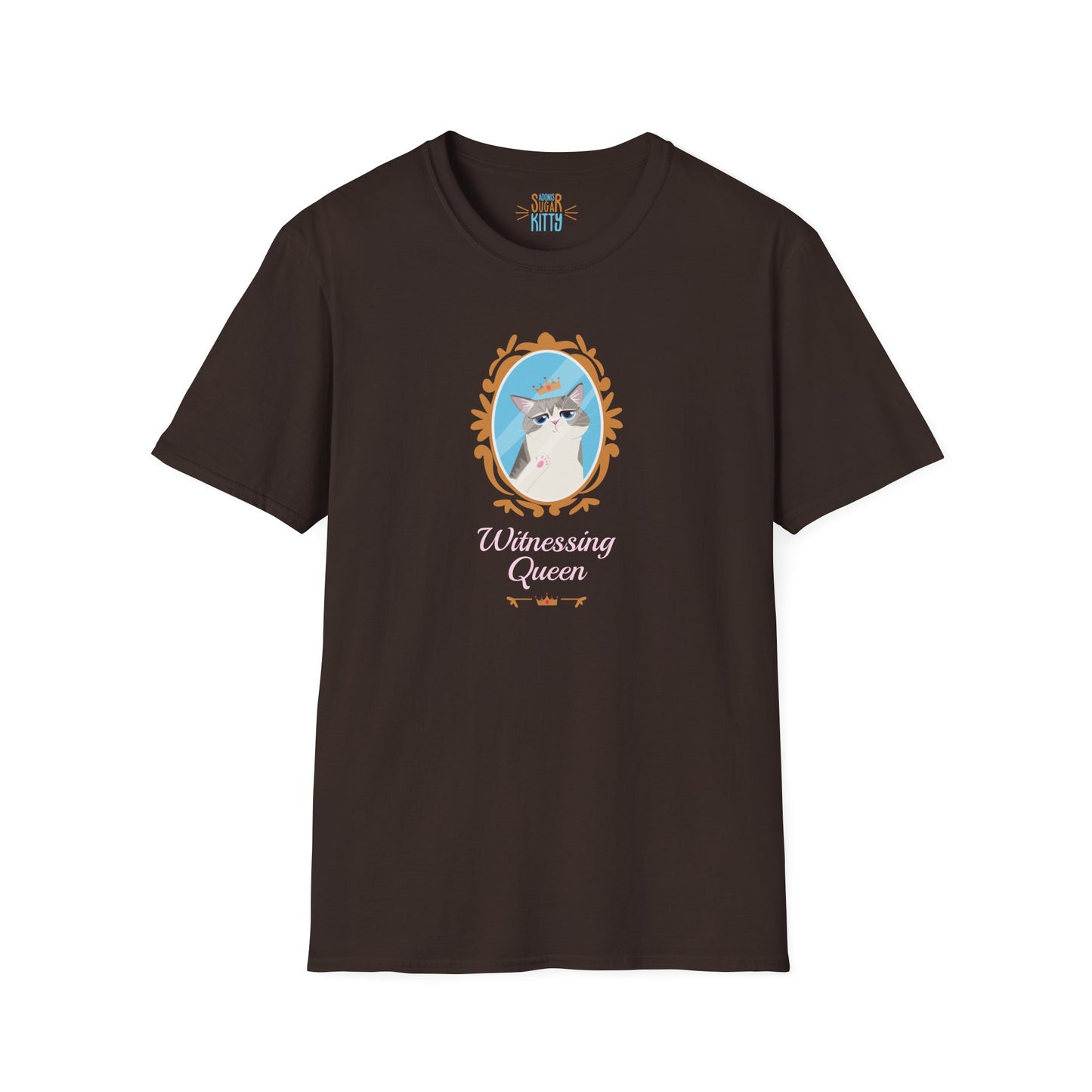 Witnessing Queen illustration on dark chocolate unisex t-shirt - Adonis Sugar Kitty
