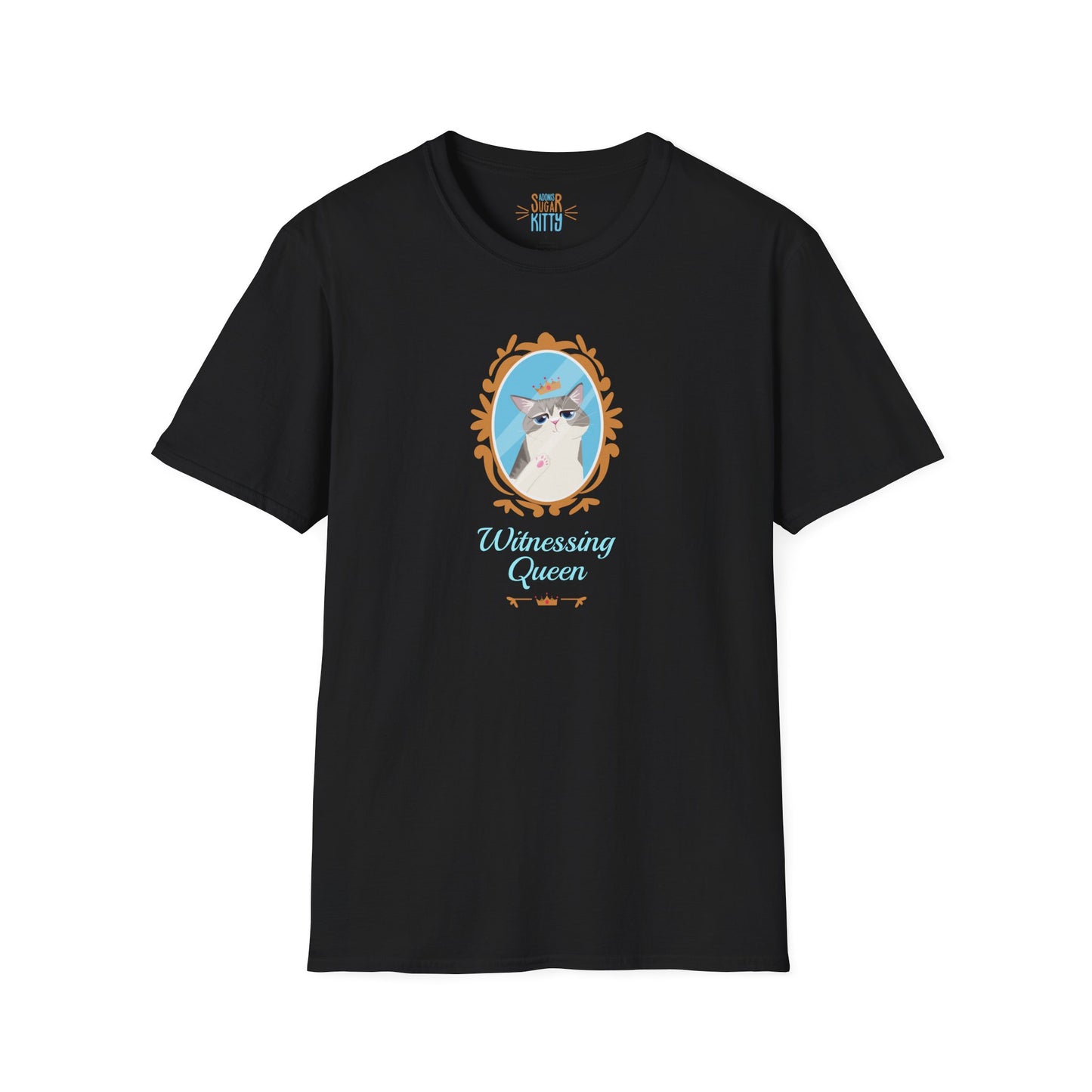 Witnessing Queen illustration on black unisex t-shirt - Adonis Sugar Kitty