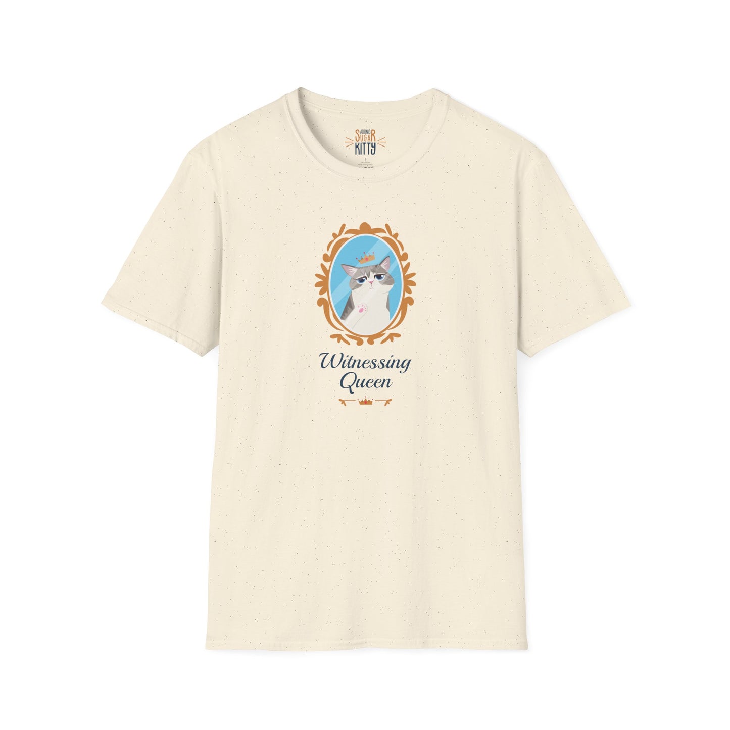 Witnessing Queen illustration on natural unisex t-shirt - Adonis Sugar Kitty