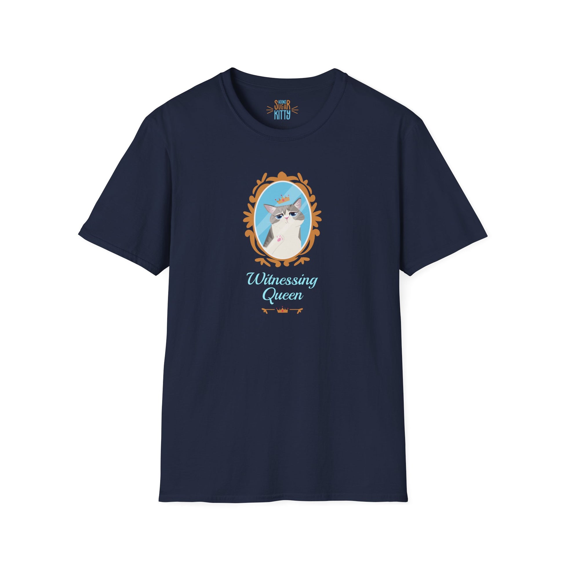Witnessing Queen illustration on navy unisex t-shirt - Adonis Sugar Kitty