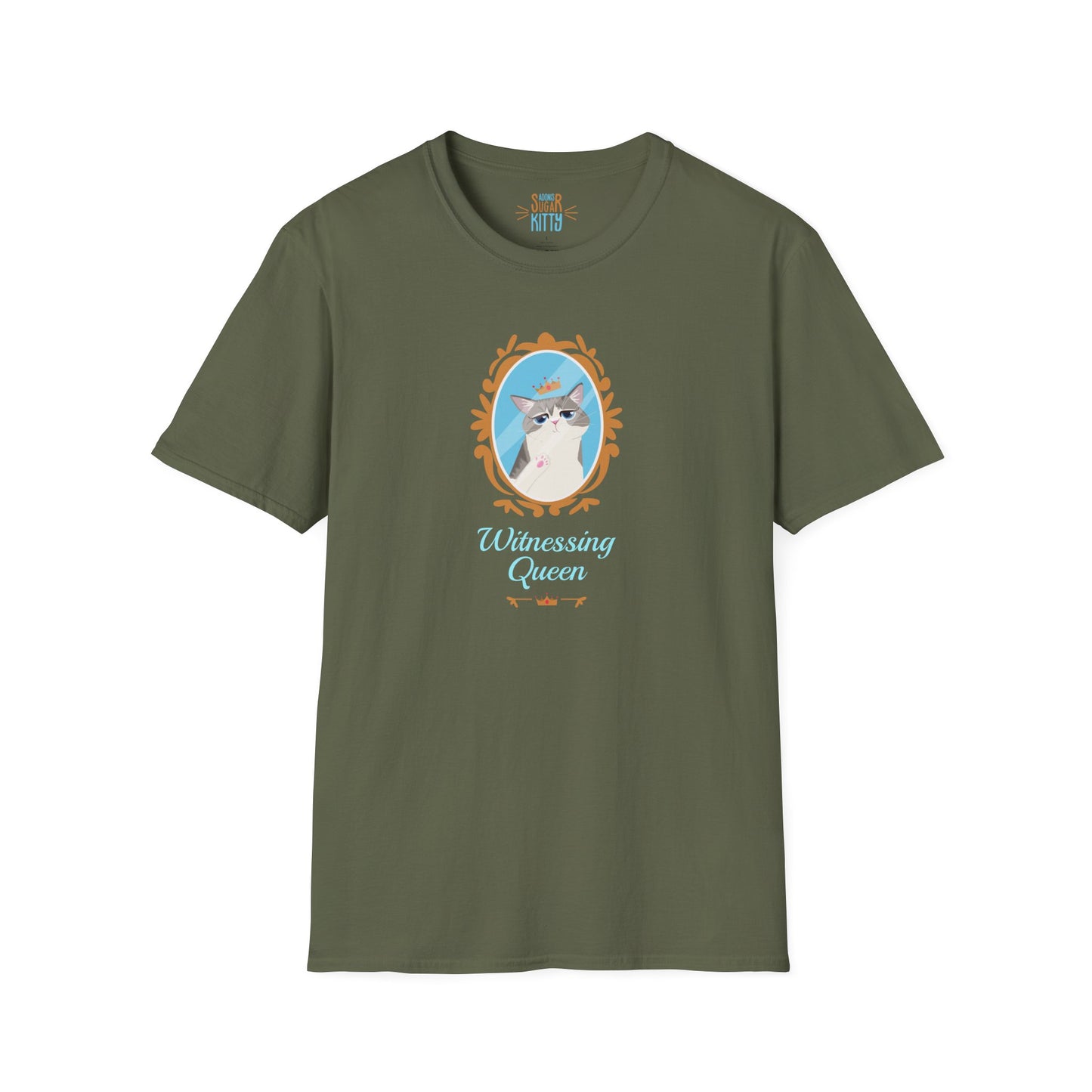 Witnessing Queen illustration on military green unisex t-shirt - Adonis Sugar Kitty